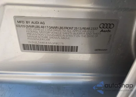 2003 Audi A4 3.0 из США, поврежденный, VIN WAULT68E83A348275
